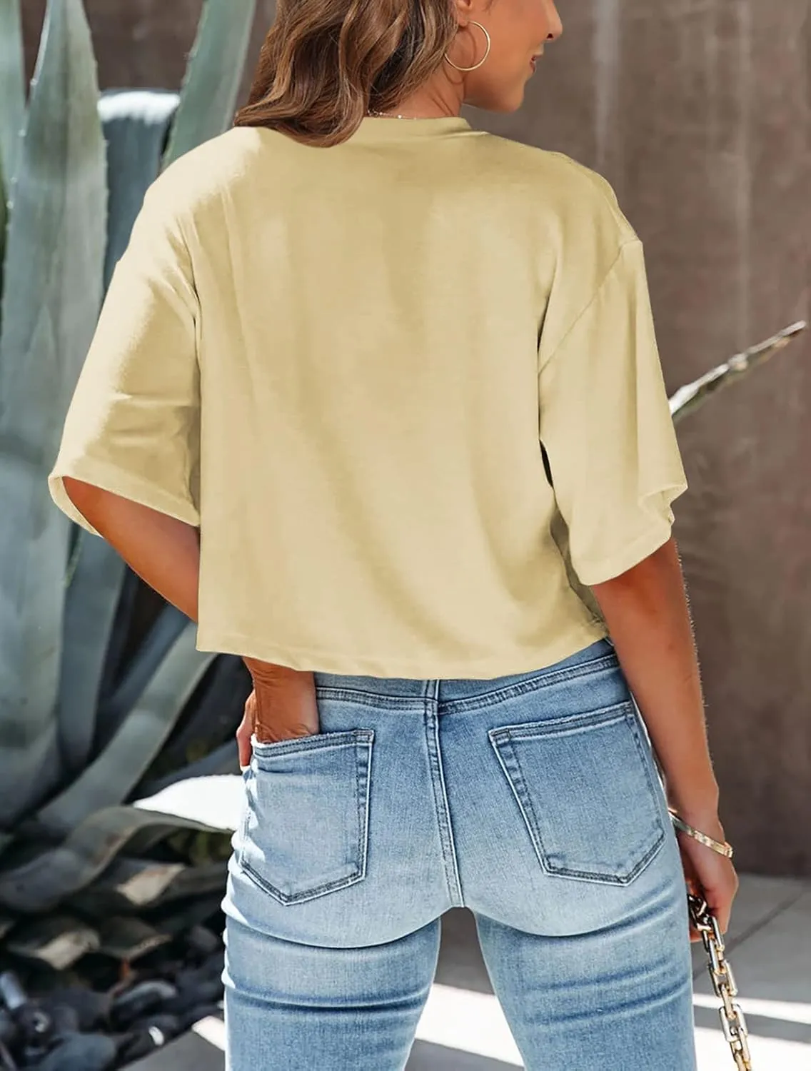 Tankaneo Women Half Sleeve Cropped T-Shirts Drop Shoulder Round Neck Crop Tops Casual Summer Solid Color Basic Tees