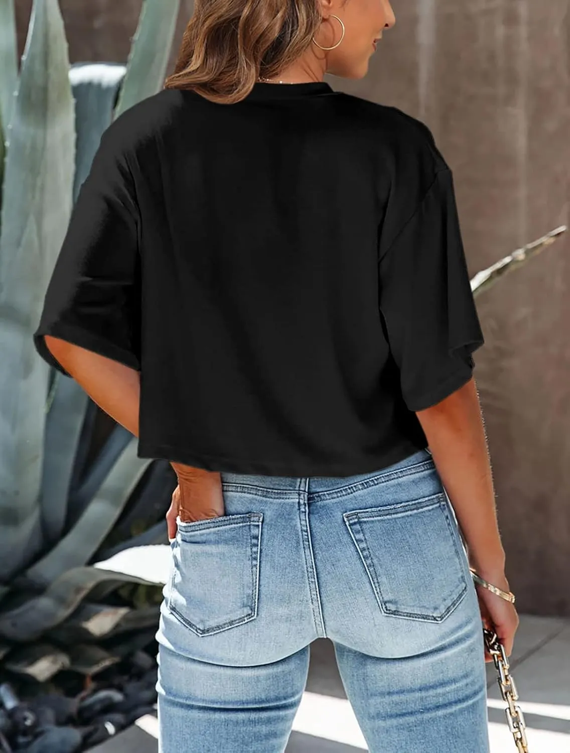 Tankaneo Women Half Sleeve Cropped T-Shirts Drop Shoulder Round Neck Crop Tops Casual Summer Solid Color Basic Tees