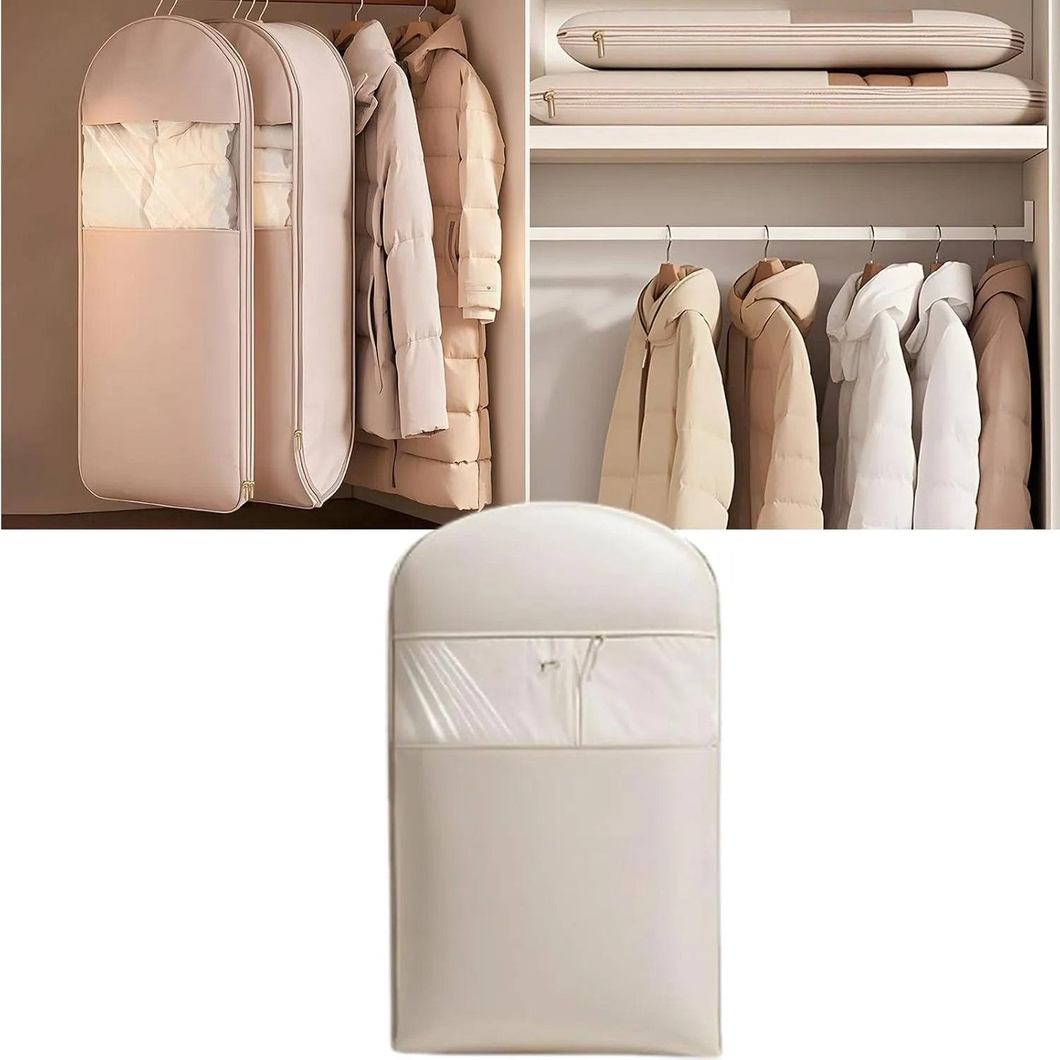 Taprinferior Hanging Garment Bag, 2025 Space Saving Hanging Garment Bag with Self Compression Zipper, Compression Garment Bags, Compression Bags for Storage (Beige, M)