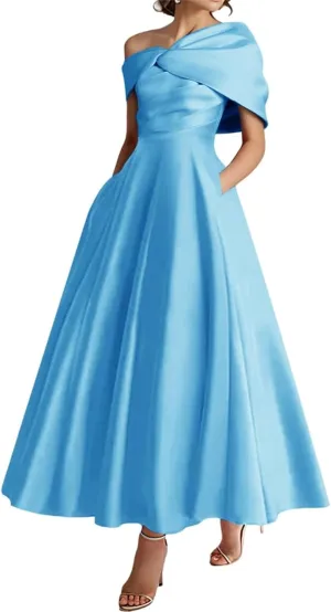 Tea Length Mother of The Bride Dresses Bow One Shoudler Prom Dress Ruffle Satin Formal Evening Gowns with Pockets
