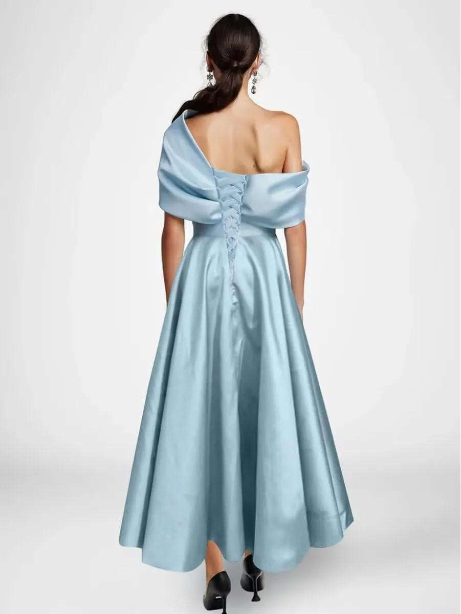 Tea Length Mother of The Bride Dresses Bow One Shoudler Prom Dress Ruffle Satin Formal Evening Gowns with Pockets
