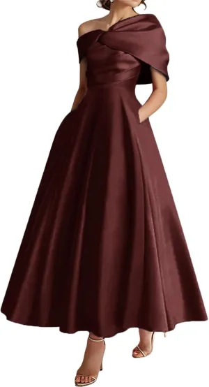 Tea Length Mother of The Bride Dresses Bow One Shoudler Prom Dress Ruffle Satin Formal Evening Gowns with Pockets