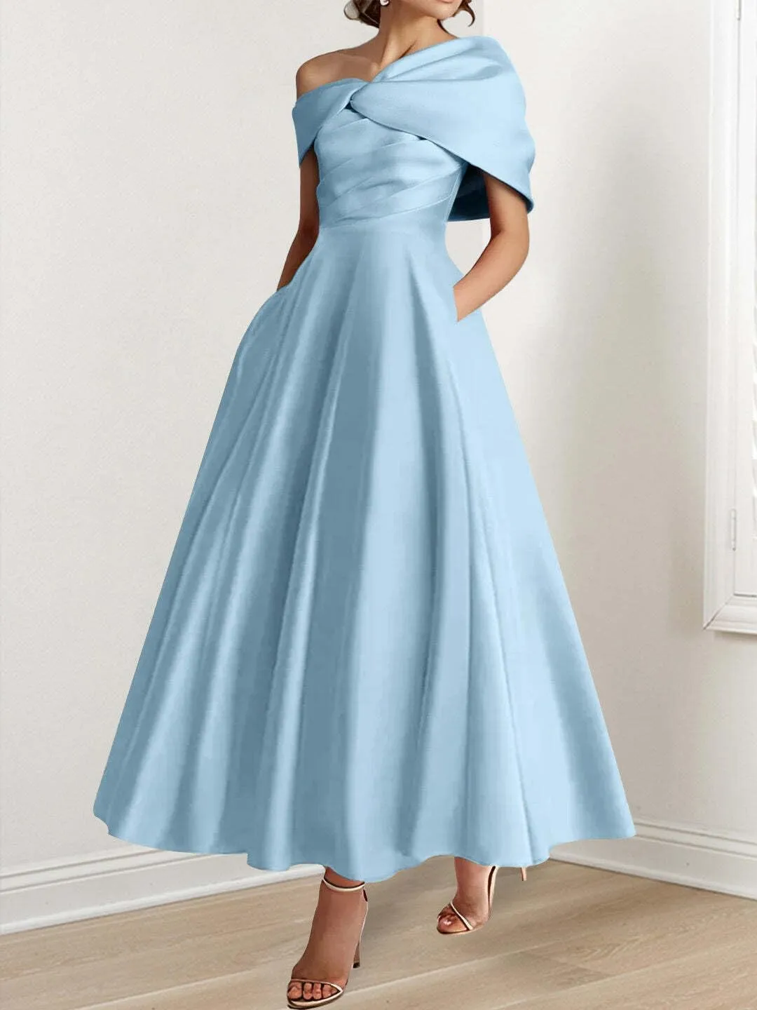 Tea Length Mother of The Bride Dresses Bow One Shoudler Prom Dress Ruffle Satin Formal Evening Gowns with Pockets
