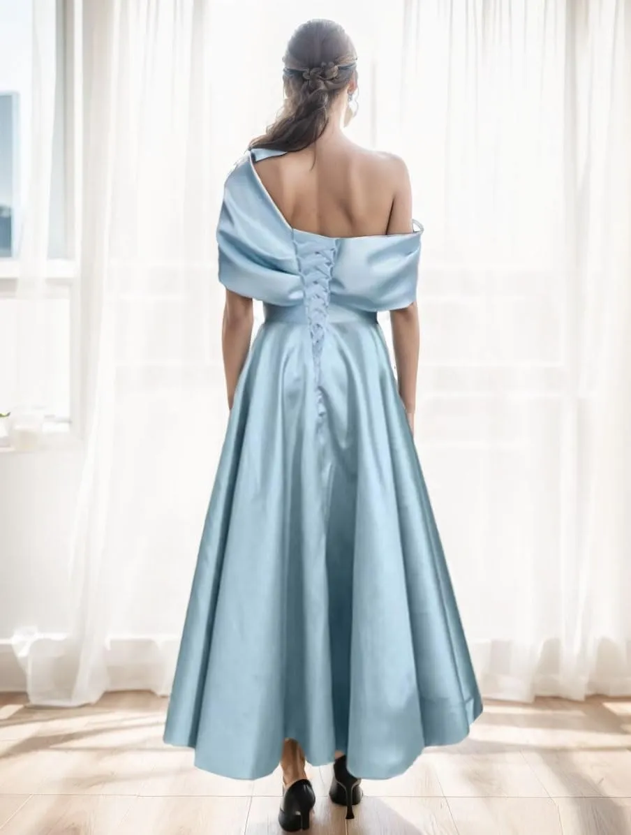 Tea Length Mother of The Bride Dresses Bow One Shoudler Prom Dress Ruffle Satin Formal Evening Gowns with Pockets