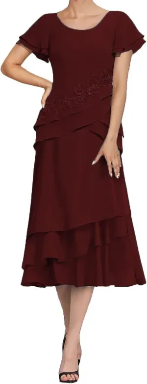 Tea Length Mother of The Bride Dresses for Wedding Chiffon Appliques Formal Evening Party Gowns Grandmother Dresses