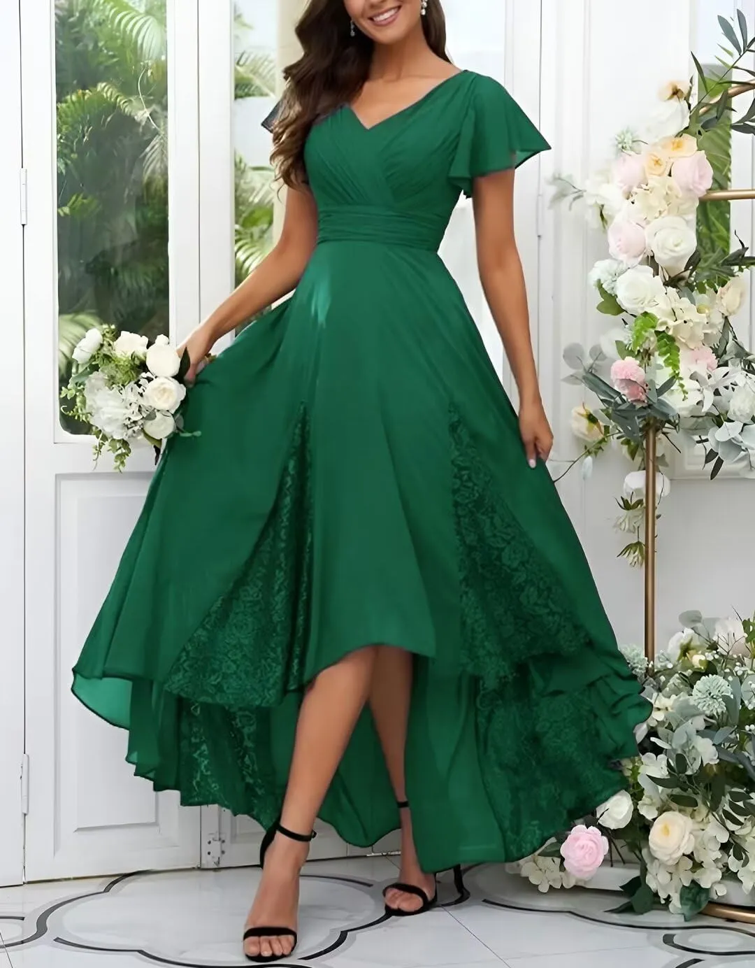 Tea Length Mother of The Bride Dresses for Wedding Ruffle Sleeves Long Chiffon Lace Appliques Evening Gown