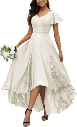 Tea Length Mother of The Bride Dresses for Wedding Ruffle Sleeves Long Chiffon Lace Appliques Evening Gown