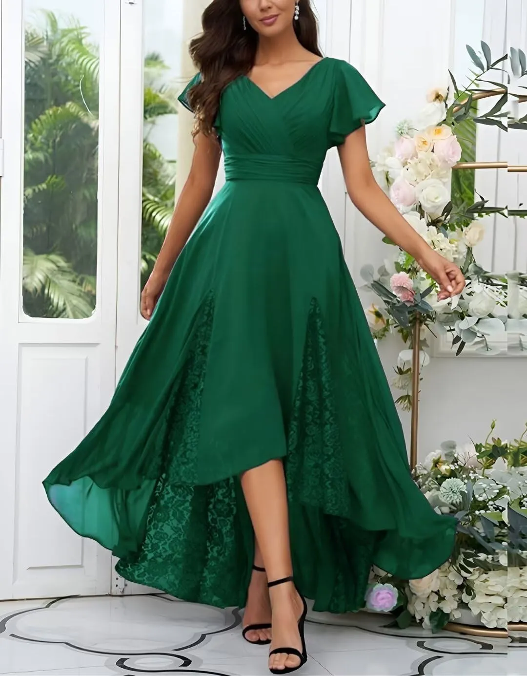 Tea Length Mother of The Bride Dresses for Wedding Ruffle Sleeves Long Chiffon Lace Appliques Evening Gown