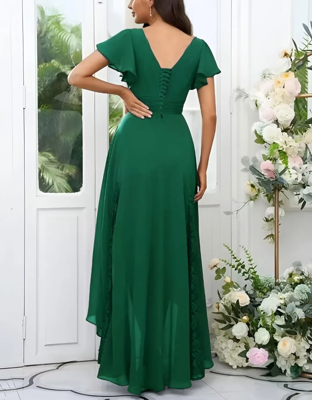 Tea Length Mother of The Bride Dresses for Wedding Ruffle Sleeves Long Chiffon Lace Appliques Evening Gown