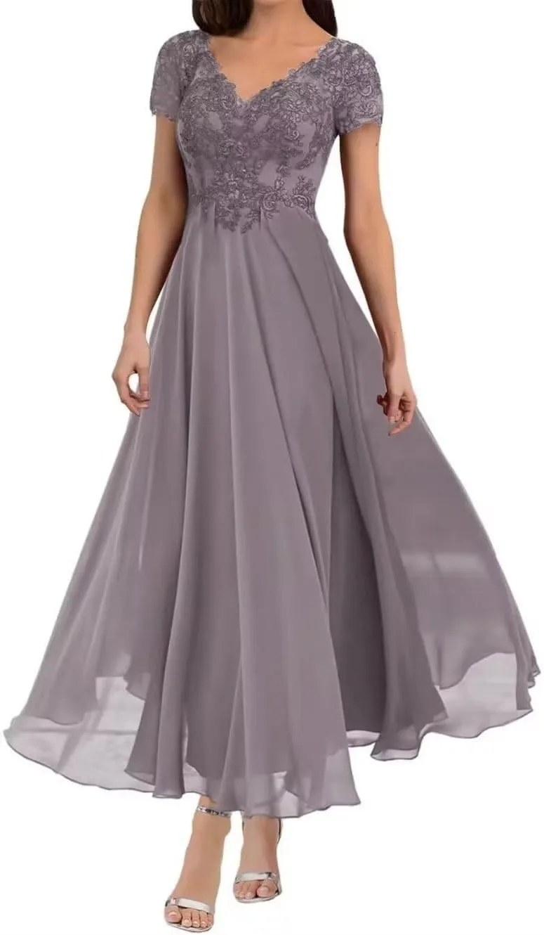 Tea Length Mother of The Bride Dresses for Wedding with Sleeves Lace Appliques V Neck Formal Evening Party Gowns YB27