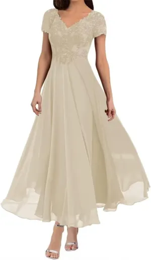 Tea Length Mother of The Bride Dresses for Wedding with Sleeves Lace Appliques V Neck Formal Evening Party Gowns YB27
