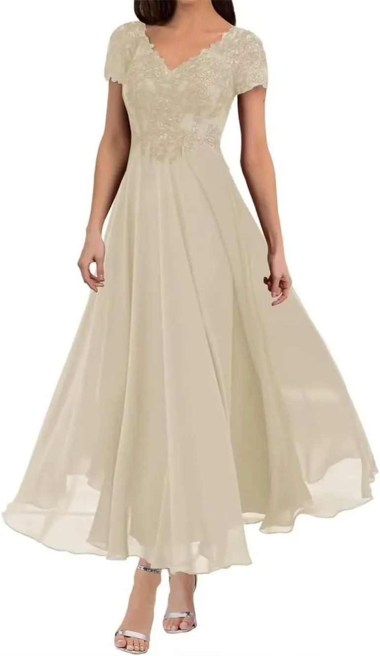 Tea Length Mother of The Bride Dresses for Wedding with Sleeves Lace Appliques V Neck Formal Evening Party Gowns YB27