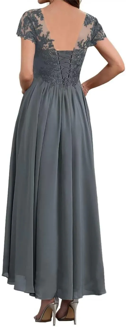 Tea Length Mother of The Bride Dresses for Wedding with Sleeves Lace Appliques V Neck Formal Evening Party Gowns YB27