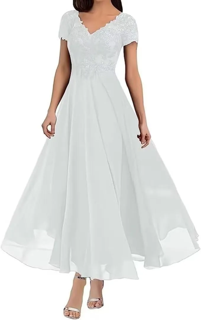 Tea Length Mother of The Bride Dresses for Wedding with Sleeves Lace Appliques V Neck Formal Evening Party Gowns YB27