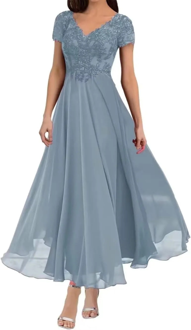 Tea Length Mother of The Bride Dresses for Wedding with Sleeves Lace Appliques V Neck Formal Evening Party Gowns YB27
