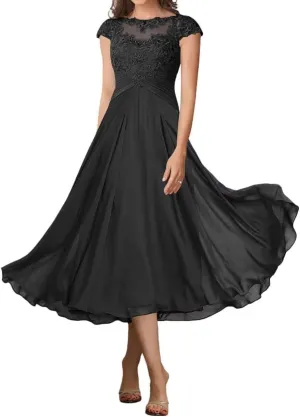 Tea Length Mother of The Bride Dresses Lace Appliques Cap Sleeve Ruched Chiffon Wedding Guest Evening Dress