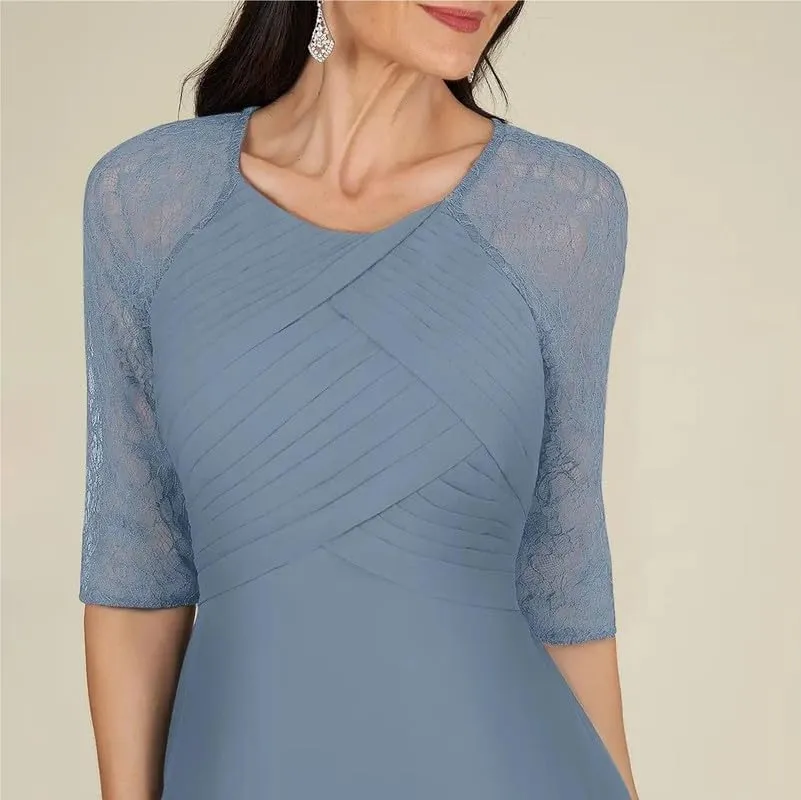 Tea Length Mother of The Bride Dresses with Sleeves Lace Chiffon Pleated A-Line Wedding Guest Evening Dresses