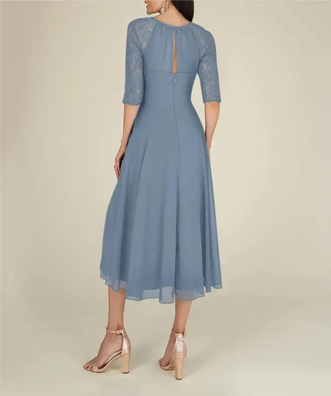 Tea Length Mother of The Bride Dresses with Sleeves Lace Chiffon Pleated A-Line Wedding Guest Evening Dresses