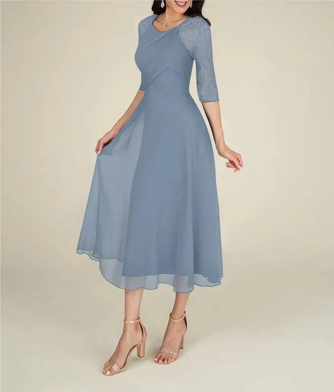Tea Length Mother of The Bride Dresses with Sleeves Lace Chiffon Pleated A-Line Wedding Guest Evening Dresses
