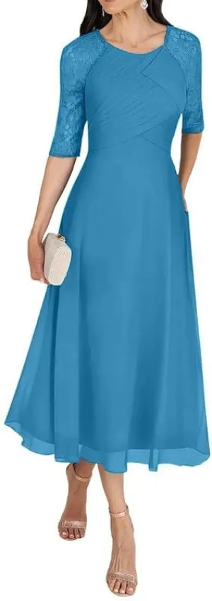 Tea Length Mother of The Bride Dresses with Sleeves Lace Chiffon Pleated A-Line Wedding Guest Evening Dresses