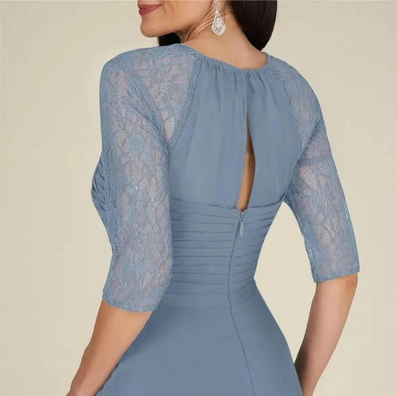 Tea Length Mother of The Bride Dresses with Sleeves Lace Chiffon Pleated A-Line Wedding Guest Evening Dresses