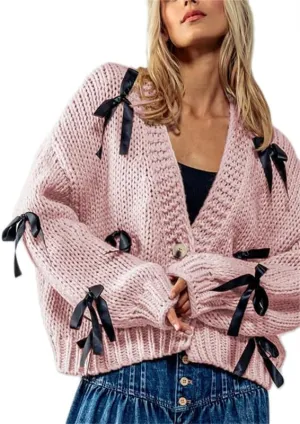 Thopavenoir Women's Y2k Bow Trim Cardigan Sweaters Long Sleeve Button Down Knit Jacket Oversized Pullover Coats Knitwear