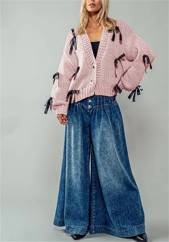 Thopavenoir Women's Y2k Bow Trim Cardigan Sweaters Long Sleeve Button Down Knit Jacket Oversized Pullover Coats Knitwear