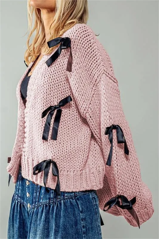 Thopavenoir Women's Y2k Bow Trim Cardigan Sweaters Long Sleeve Button Down Knit Jacket Oversized Pullover Coats Knitwear