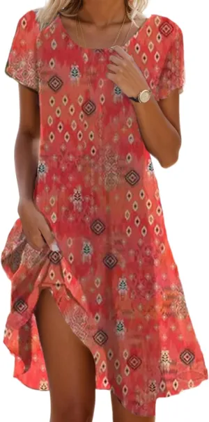 TIAFORD Women's Boho Floral Print Short Sleeve Dress Casual Summer Flowy A Line Swing Beach Vacation Midi Dresses