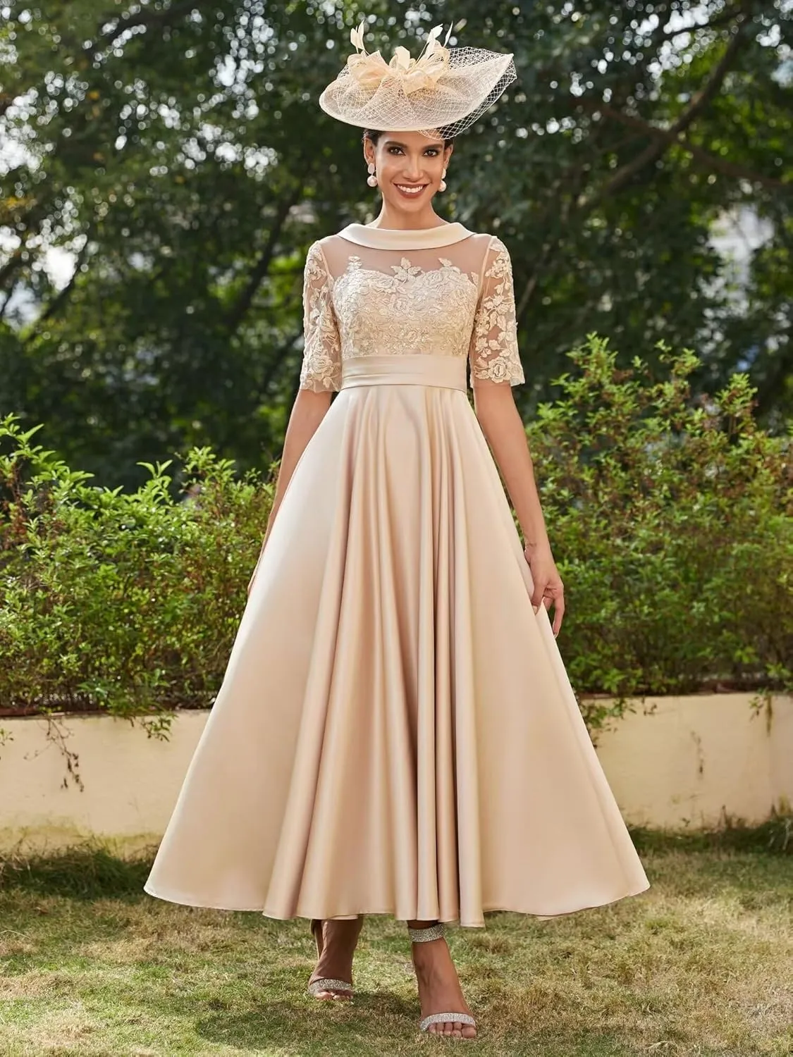 TIRAS Mother of The Bride Dresses for Wedding Satin Lace Appliqued Short Sleeves Evening Gowns CM271