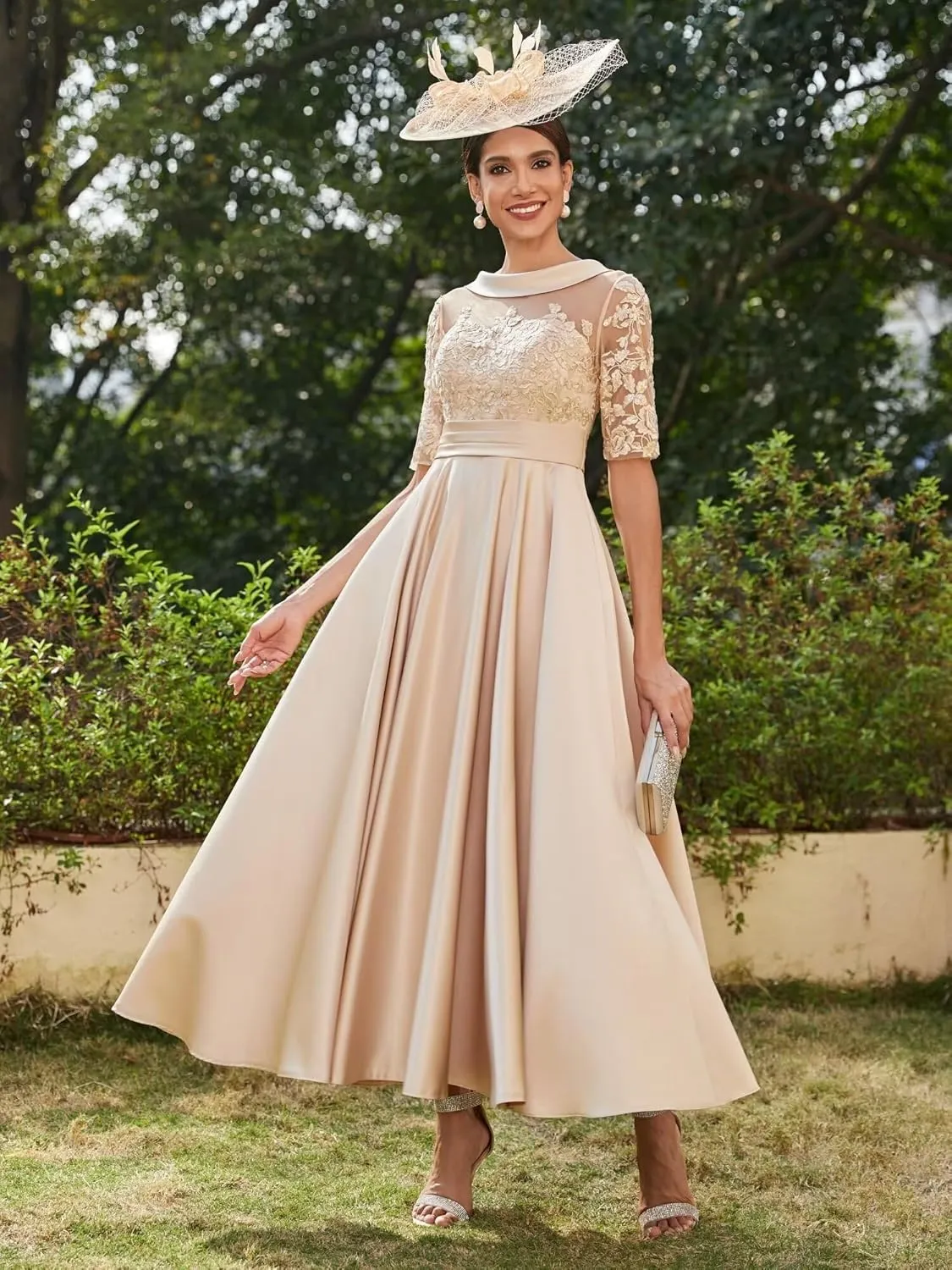 TIRAS Mother of The Bride Dresses for Wedding Satin Lace Appliqued Short Sleeves Evening Gowns CM271