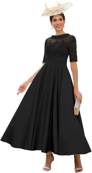 TIRAS Mother of The Bride Dresses for Wedding Satin Lace Appliqued Short Sleeves Evening Gowns CM271