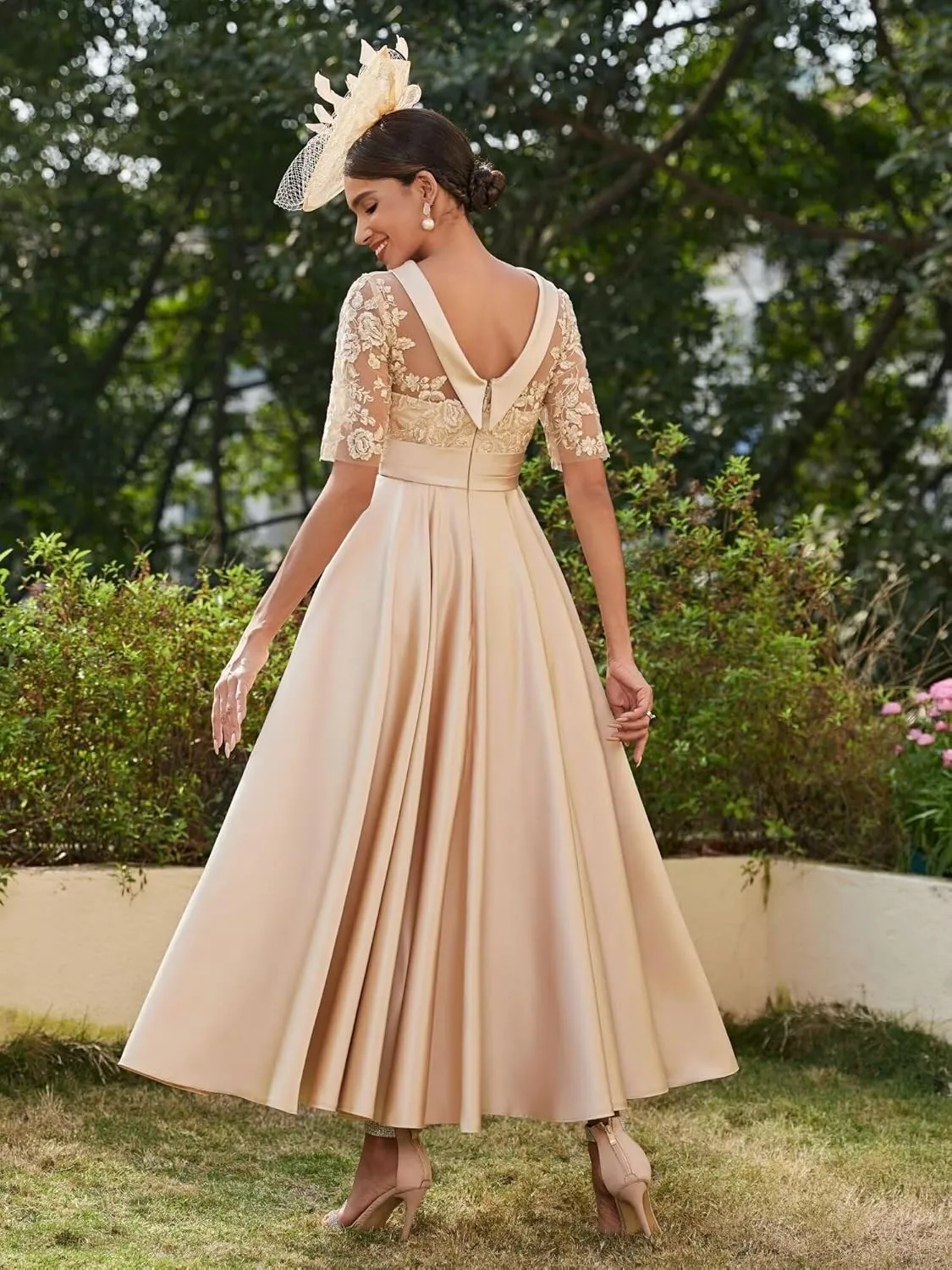 TIRAS Mother of The Bride Dresses for Wedding Satin Lace Appliqued Short Sleeves Evening Gowns CM271