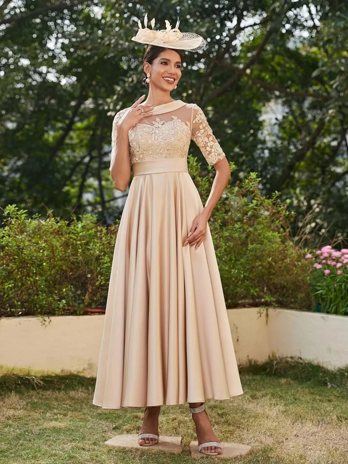 TIRAS Mother of The Bride Dresses for Wedding Satin Lace Appliqued Short Sleeves Evening Gowns CM271