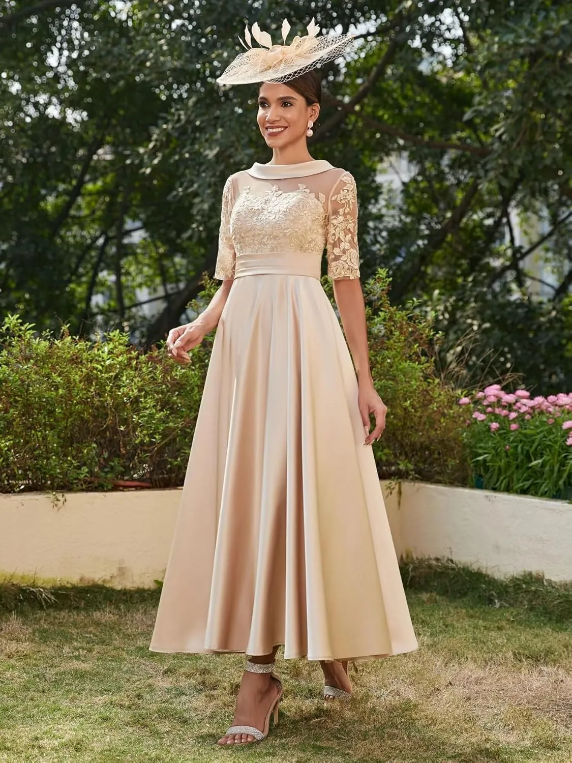 TIRAS Mother of The Bride Dresses for Wedding Satin Lace Appliqued Short Sleeves Evening Gowns CM271