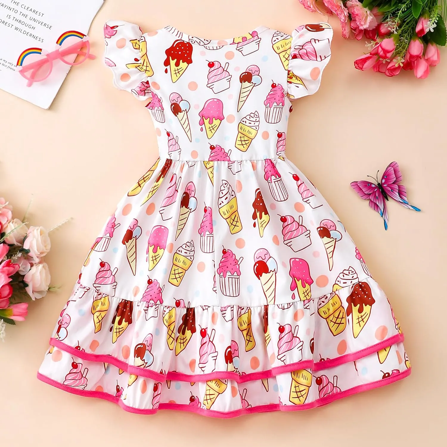 Toddler Little Girl Summer Dresses Kids Cute Casual Flutter Sleeve Tiered Smock Dress 2-7 Years
