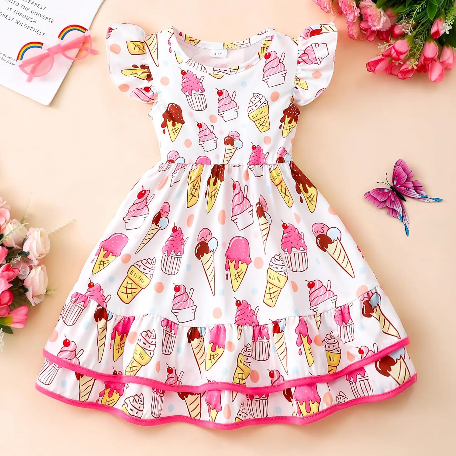Toddler Little Girl Summer Dresses Kids Cute Casual Flutter Sleeve Tiered Smock Dress 2-7 Years