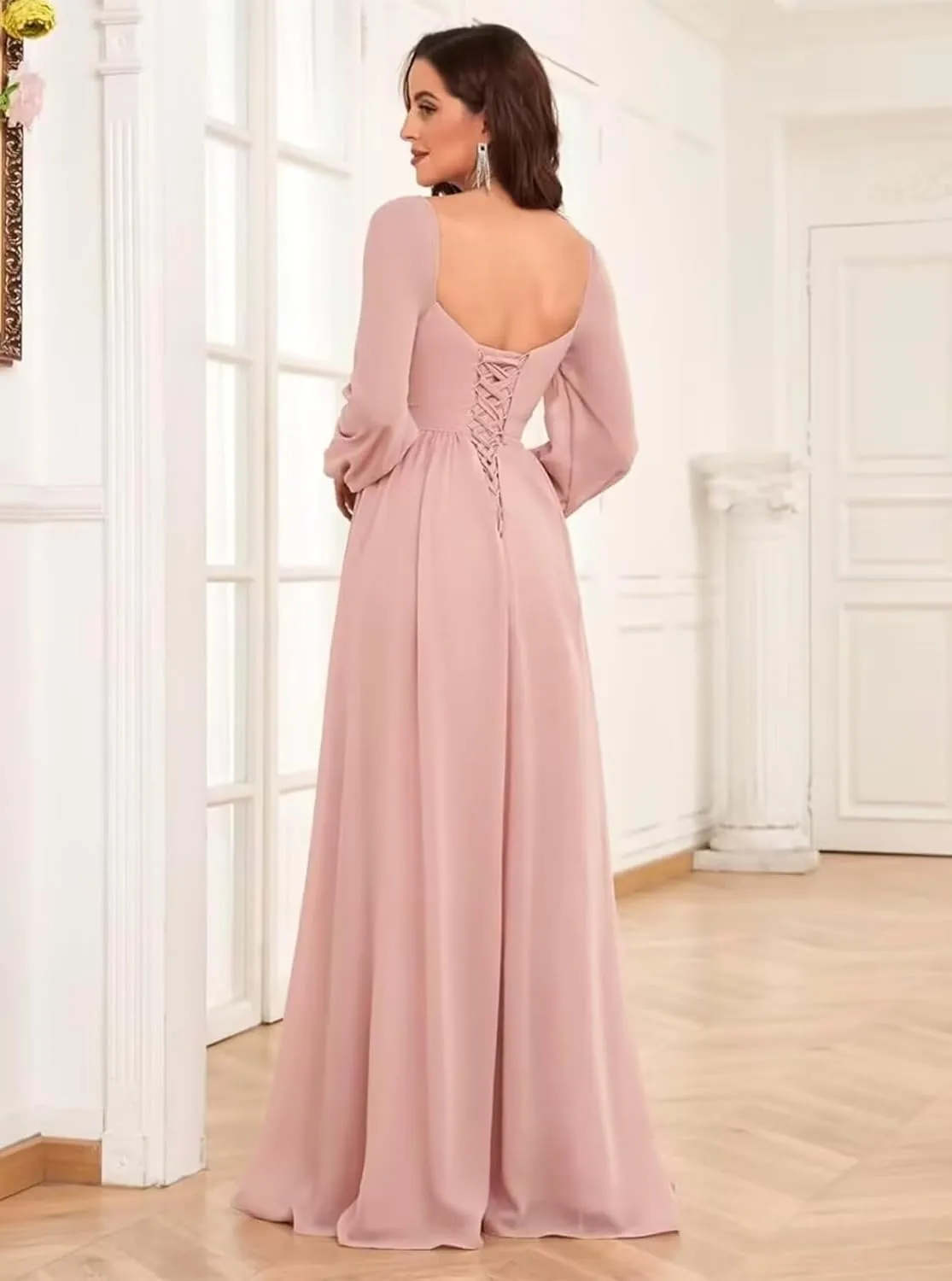 TORYEMY Chiffon Bridesmaid Dresses Long Sleeve with Slit Ruffle Pleated Formal Evening Dresses for Women