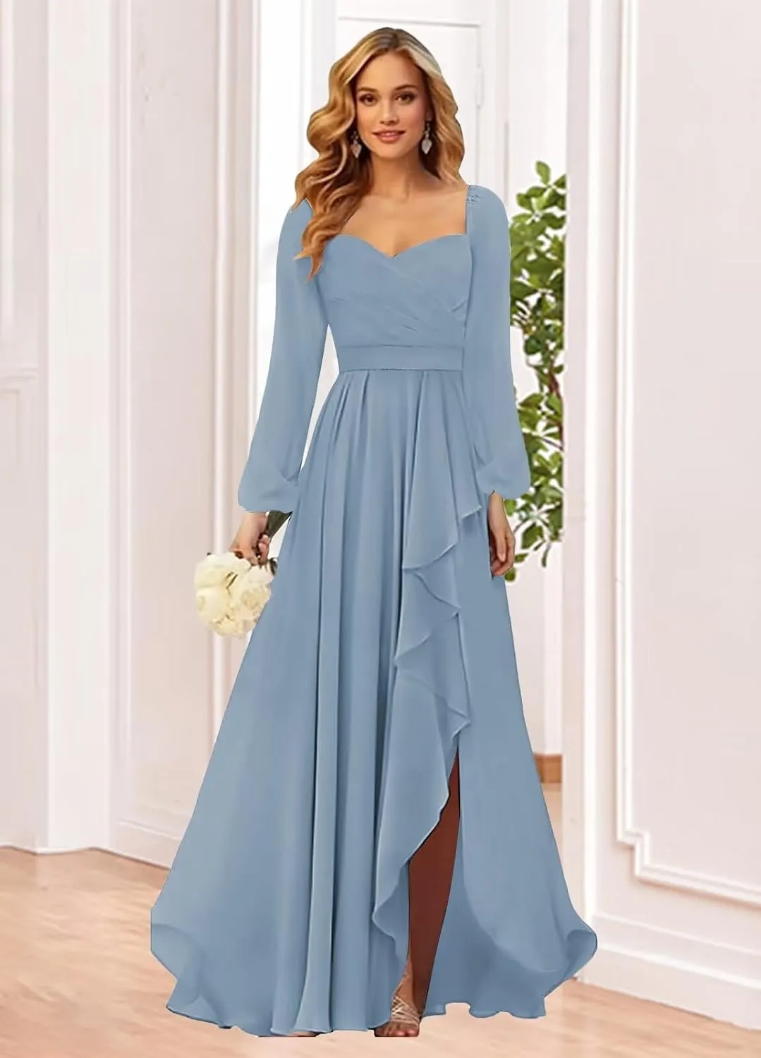 TORYEMY Chiffon Bridesmaid Dresses Long Sleeve with Slit Ruffle Pleated Formal Evening Dresses for Women