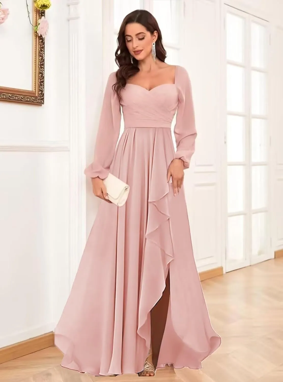 TORYEMY Chiffon Bridesmaid Dresses Long Sleeve with Slit Ruffle Pleated Formal Evening Dresses for Women