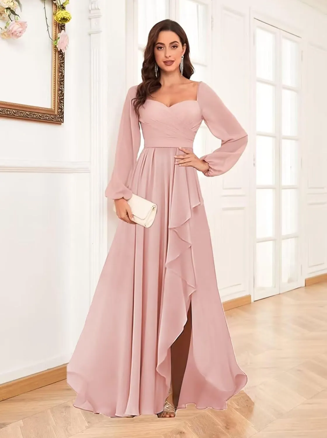 TORYEMY Chiffon Bridesmaid Dresses Long Sleeve with Slit Ruffle Pleated Formal Evening Dresses for Women