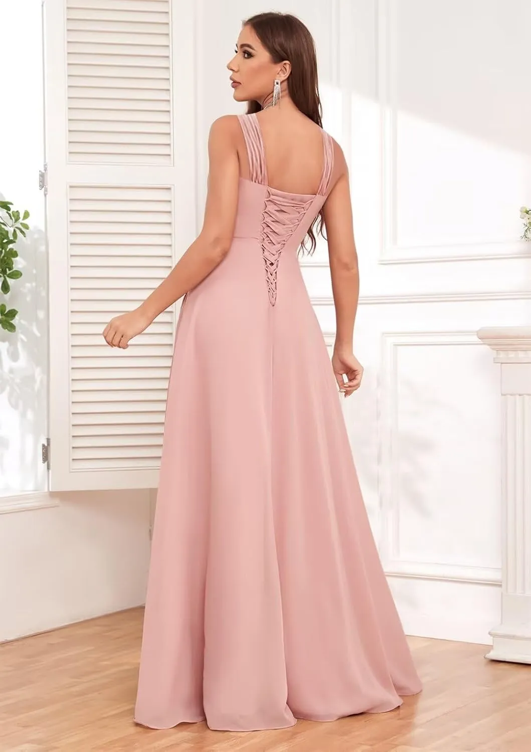 TORYEMY Chiffon Halter Bridesmaid Dresses Long with Slit Ruffle Formal Evening Dresses for Wedding