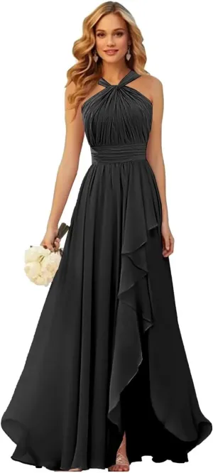 TORYEMY Chiffon Halter Bridesmaid Dresses Long with Slit Ruffle Formal Evening Dresses for Wedding