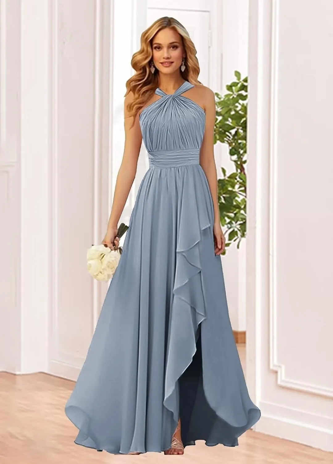 TORYEMY Chiffon Halter Bridesmaid Dresses Long with Slit Ruffle Formal Evening Dresses for Wedding