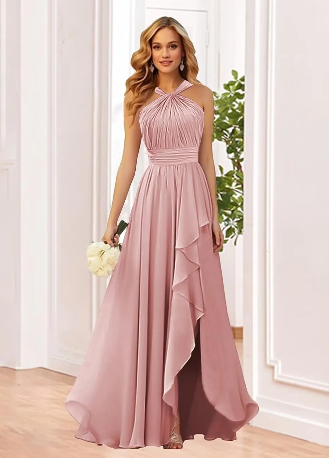 TORYEMY Chiffon Halter Bridesmaid Dresses Long with Slit Ruffle Formal Evening Dresses for Wedding