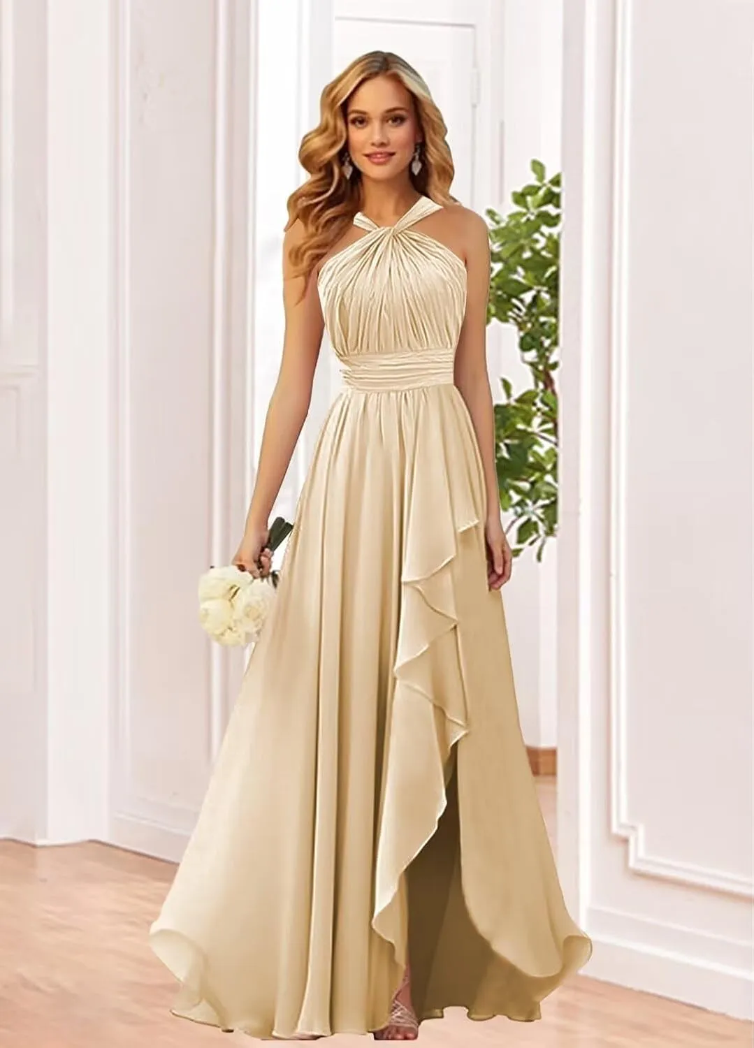 TORYEMY Chiffon Halter Bridesmaid Dresses Long with Slit Ruffle Formal Evening Dresses for Wedding