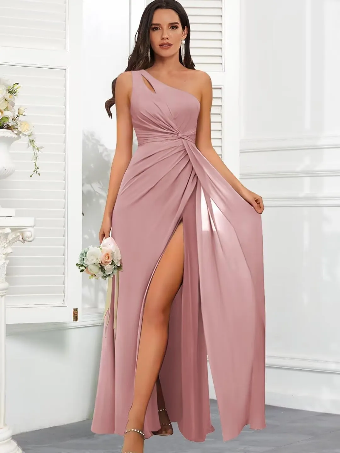 TORYEMY Chiffon One Shoulder Bridesmaid Dresses Long with Slit Formal Evening Dresses for Wedding
