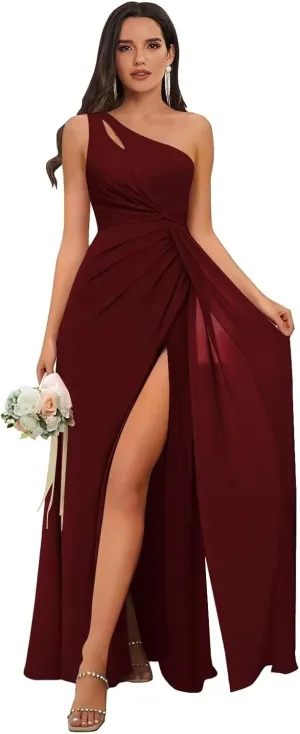 TORYEMY Chiffon One Shoulder Bridesmaid Dresses Long with Slit Formal Evening Dresses for Wedding