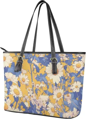Tote Bag for Women Painting Flowers Zipper Hobo Bag, Bohemia Art Faux Leather Shoulder Briefcase Work Tote Purse