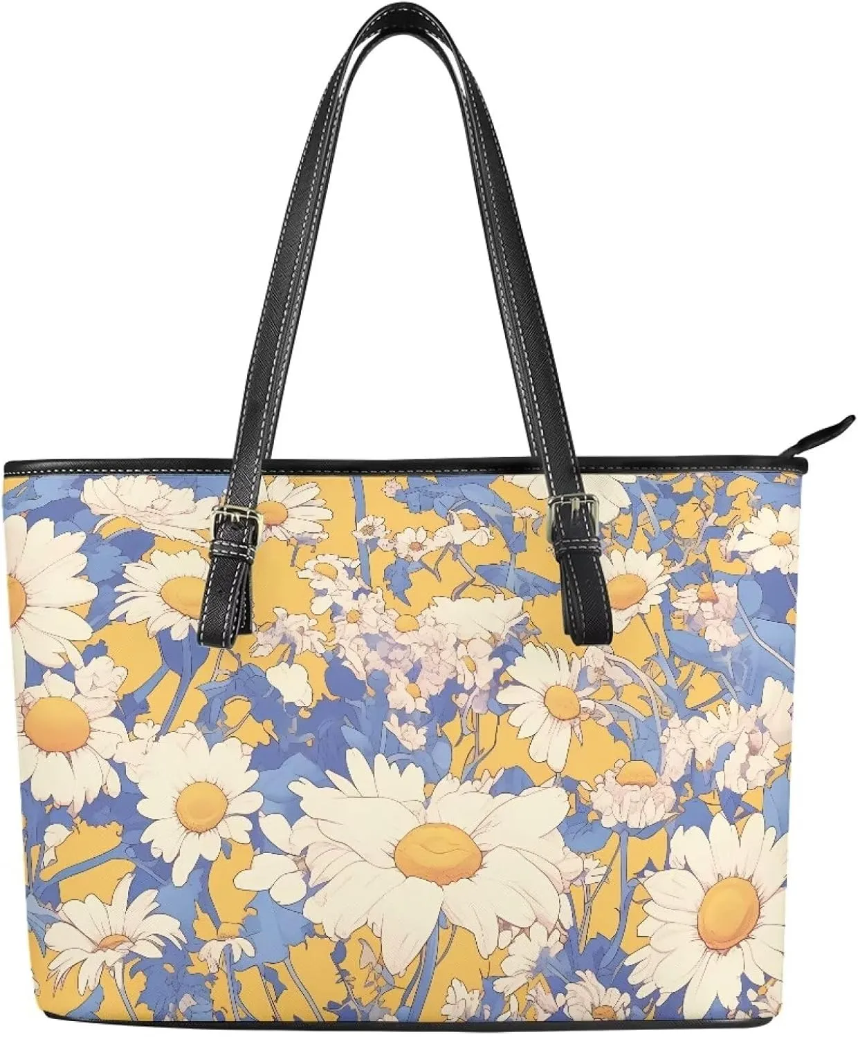 Tote Bag for Women Painting Flowers Zipper Hobo Bag, Bohemia Art Faux Leather Shoulder Briefcase Work Tote Purse